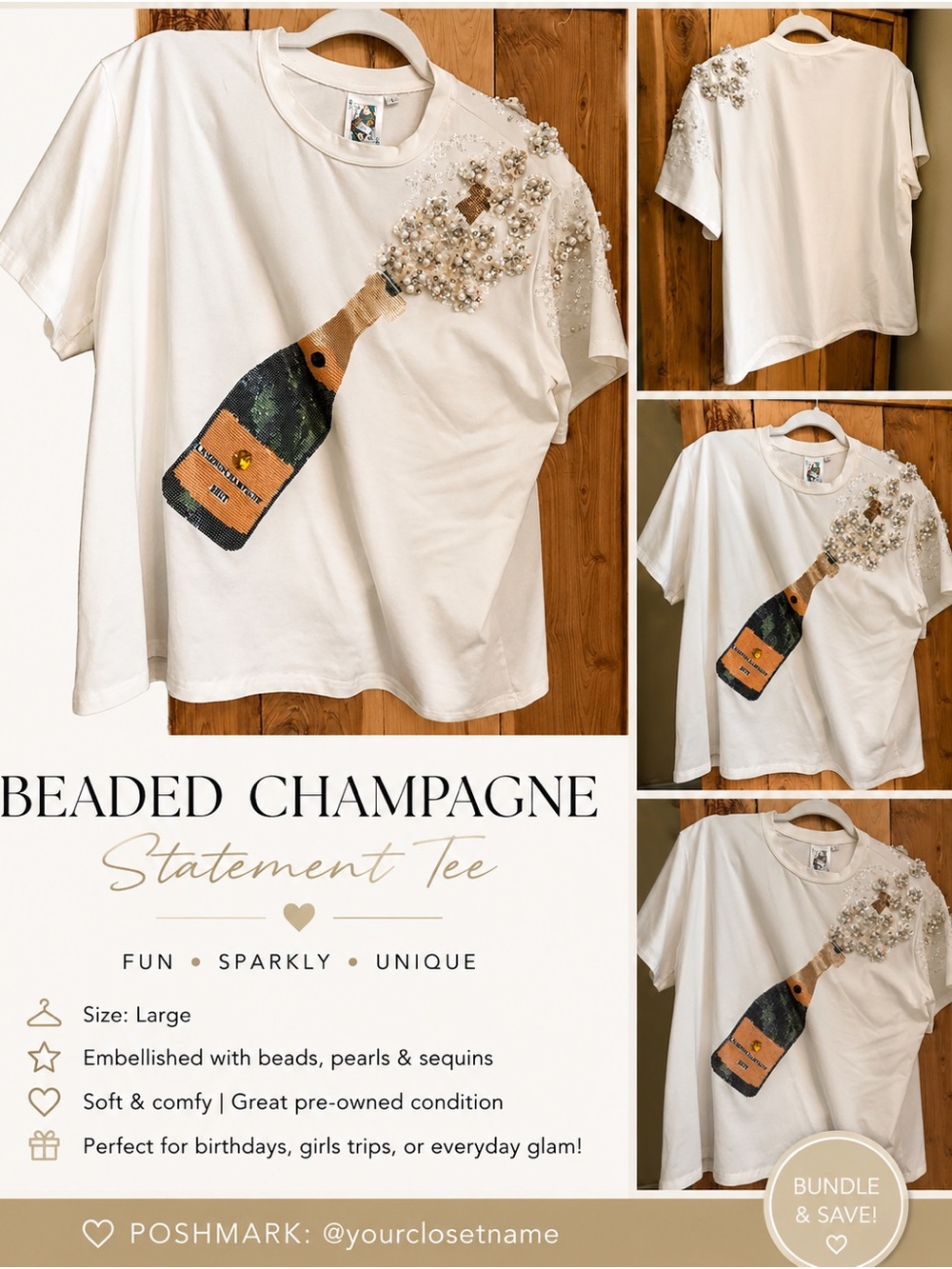 Beaded Champagne Statement Tee - White